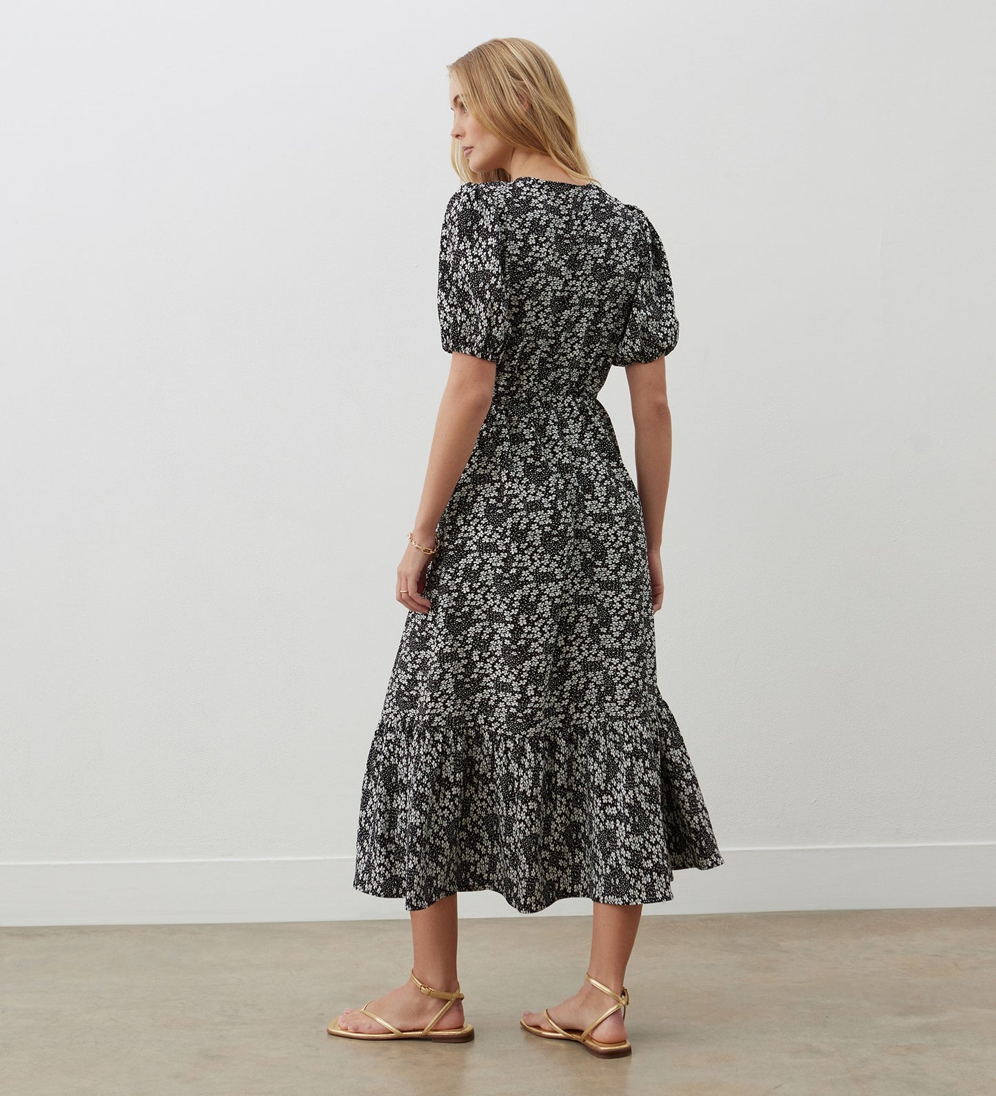 Lucy Black Floral Crepe Midi Dress