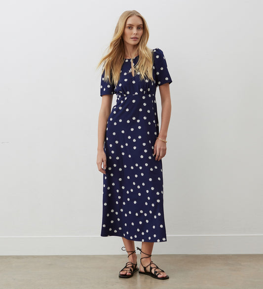 Marie Navy Spot Crepe Midi Dress