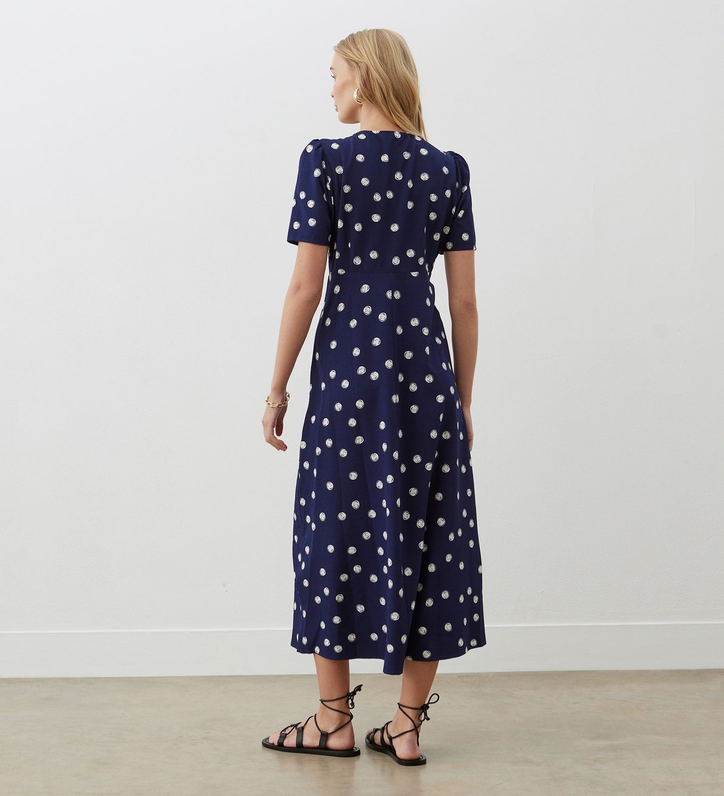 Marie Navy Spot Crepe Midi Dress