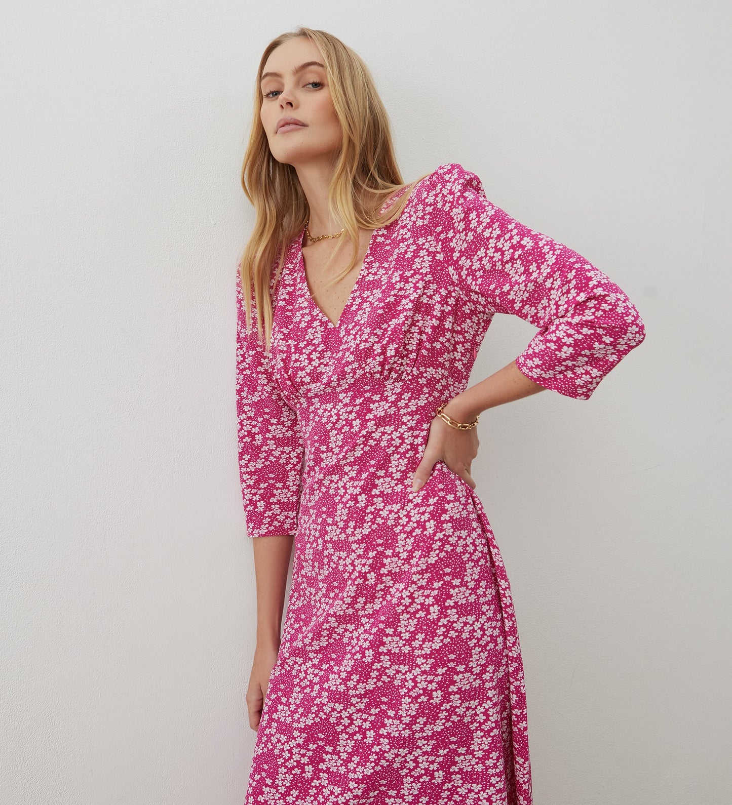 Madonna Pink Floral Crepe Midi Dress