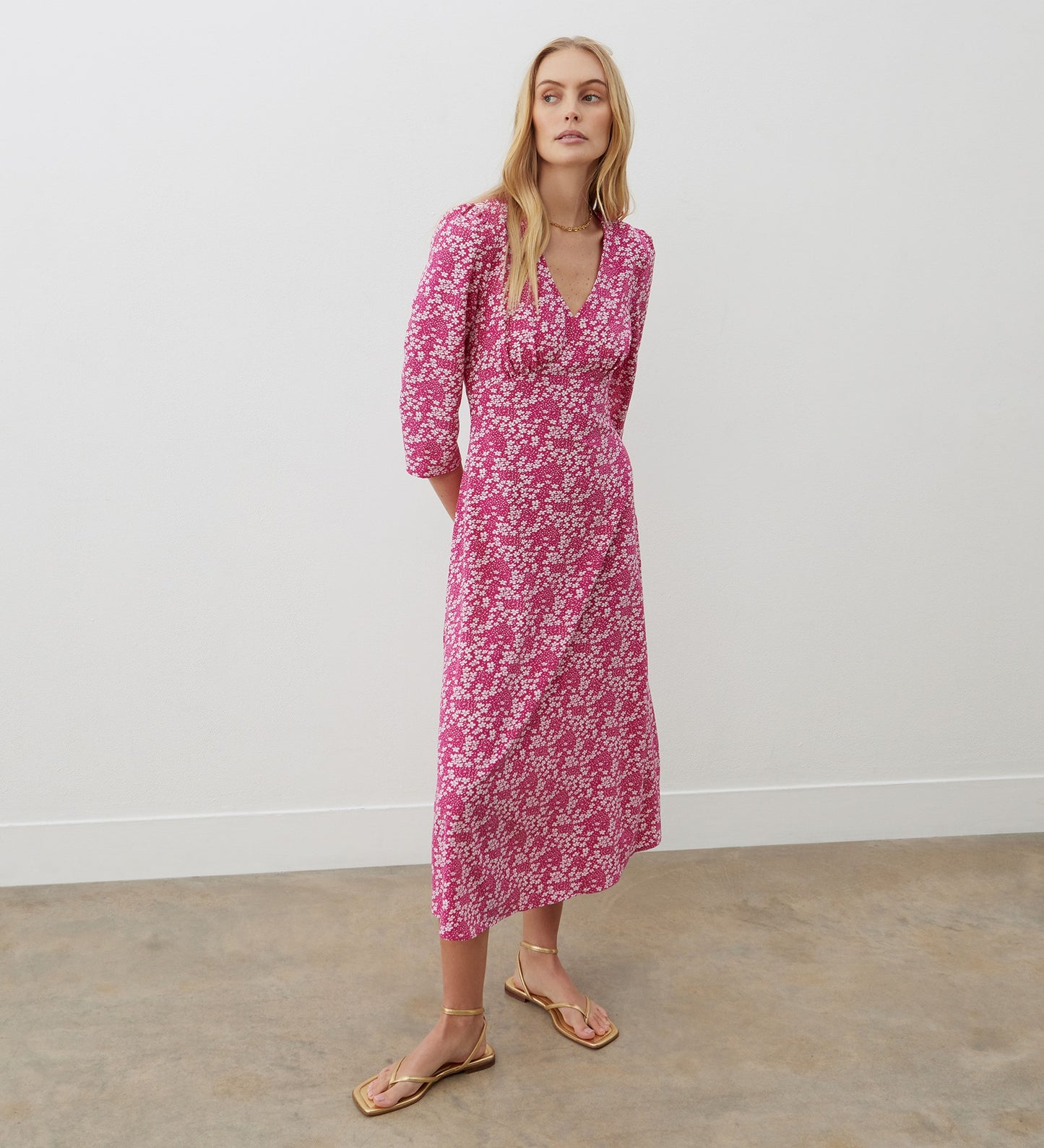 Madonna Pink Floral Crepe Midi Dress