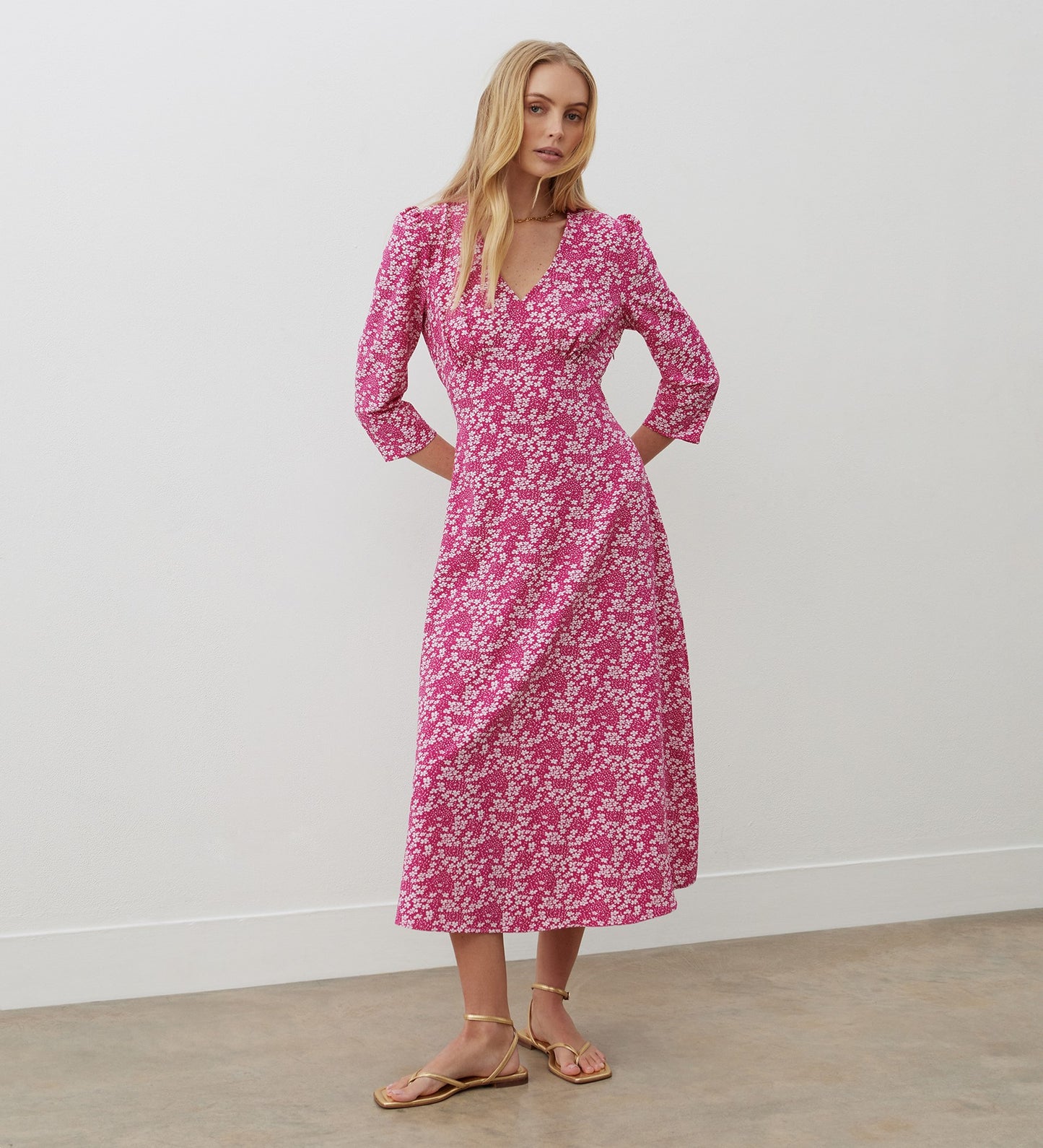 Madonna Pink Floral Crepe Midi Dress