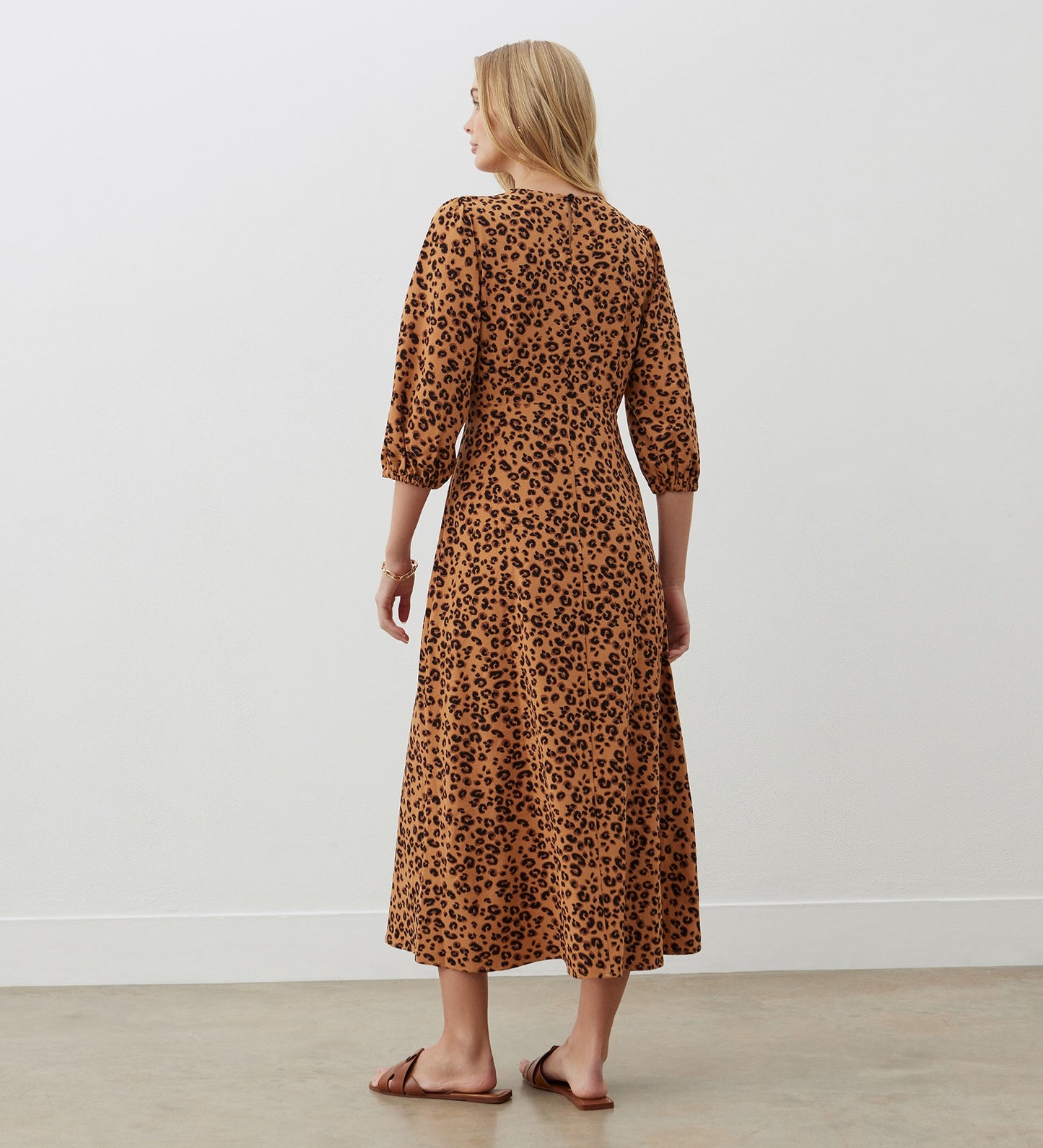 Clover Brown Animal Crepe Midi Dress