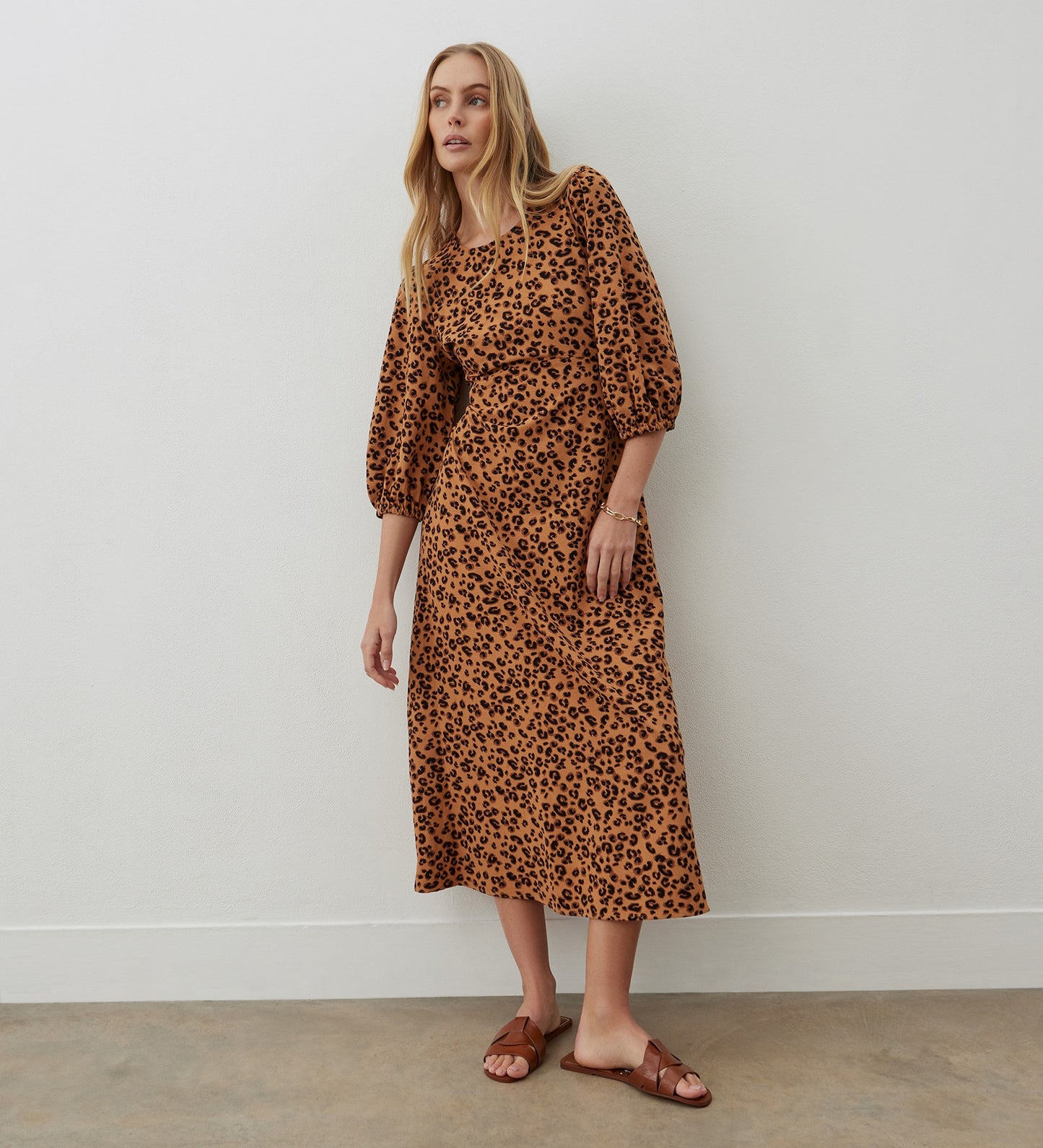 Clover Brown Animal Crepe Midi Dress