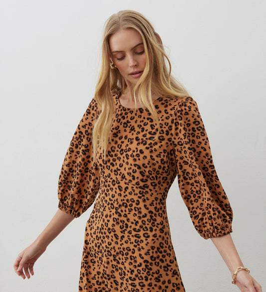 Clover Brown Animal Crepe Midi Dress