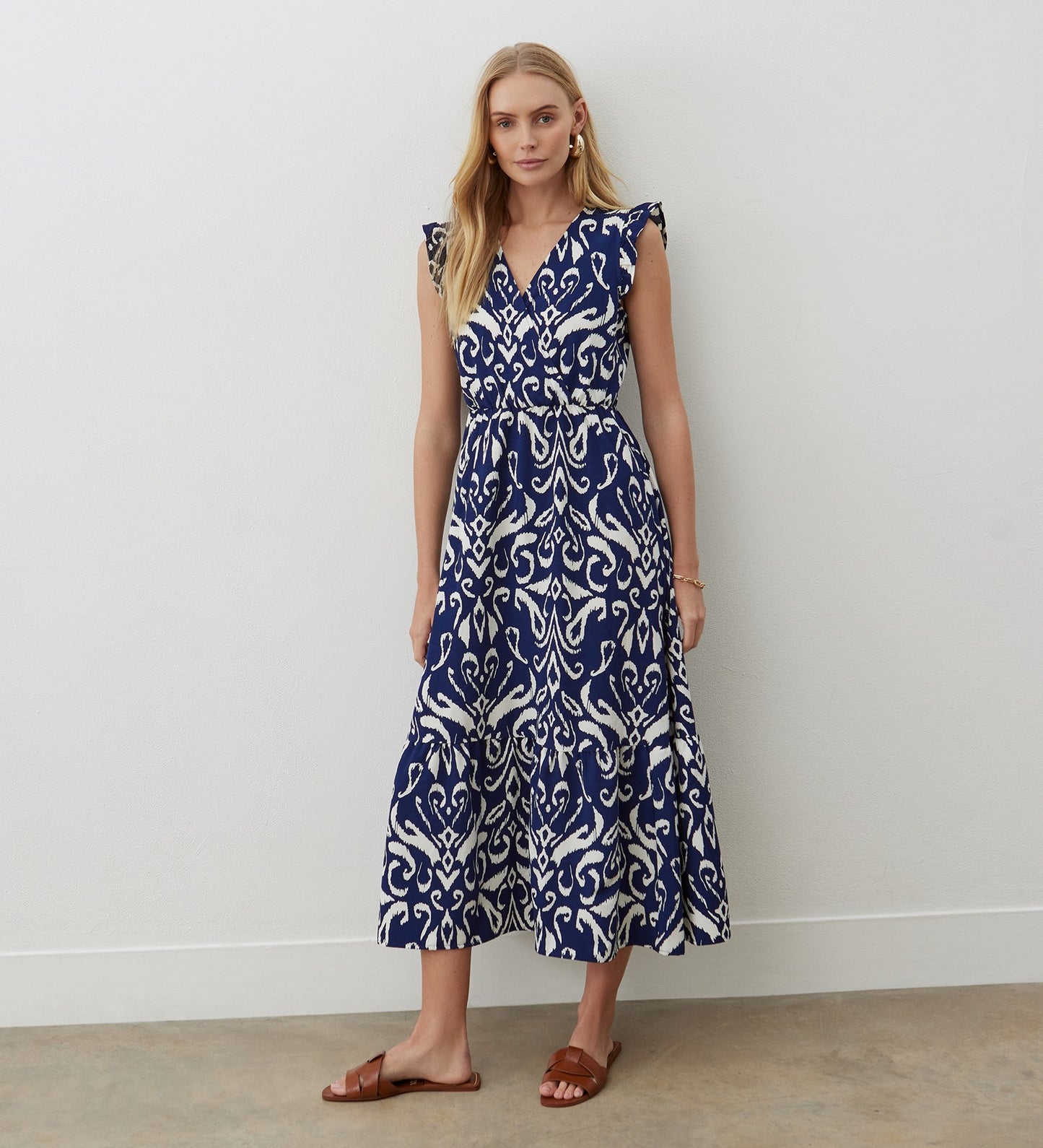 Avia Navy Tribal Crepe Midi Dress