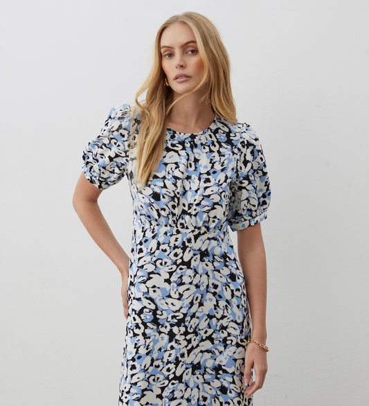 Daphne Blue Leopard Crepe Midi Dress