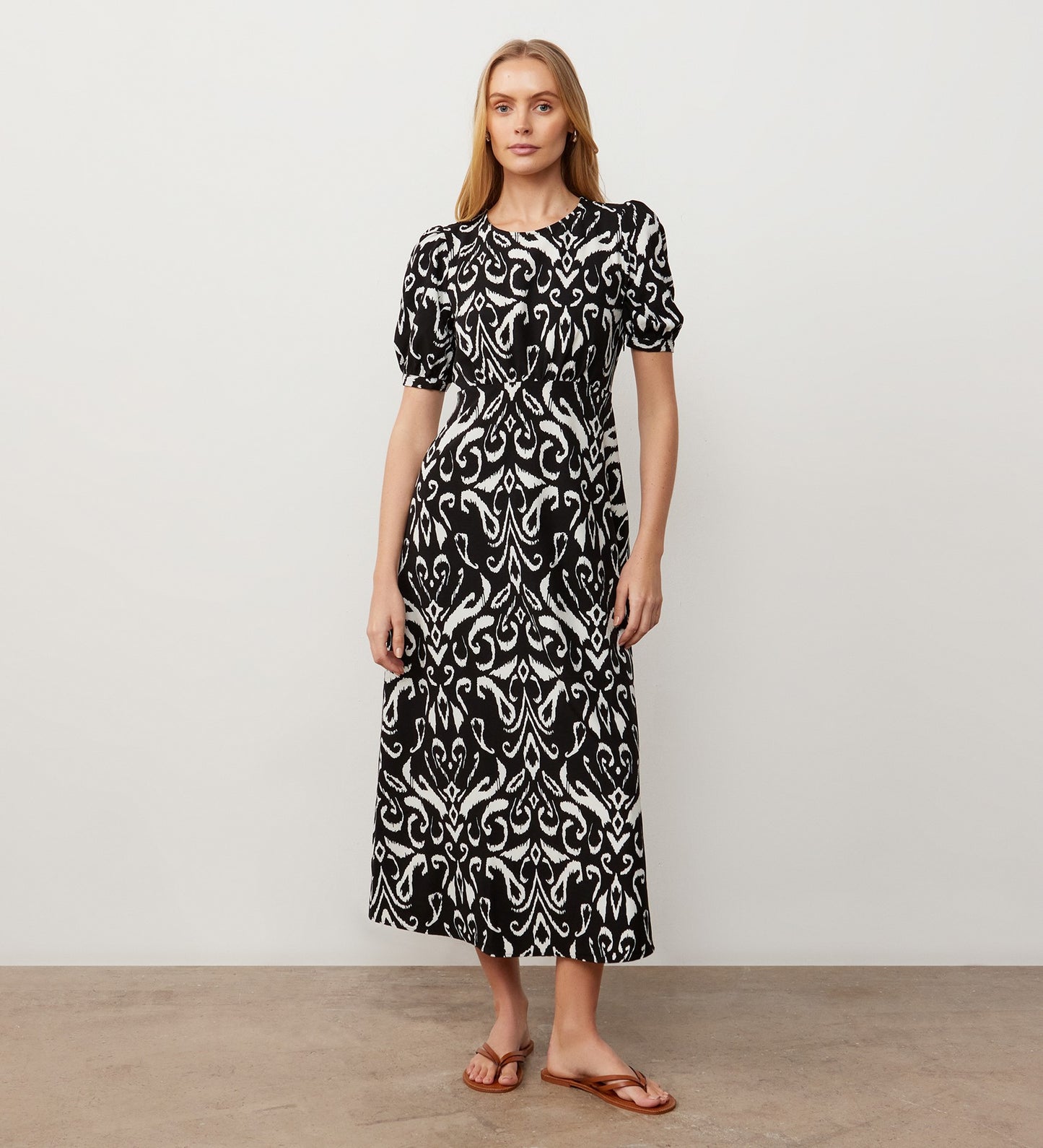 Daphne Black Tribal Crepe Midi Dress