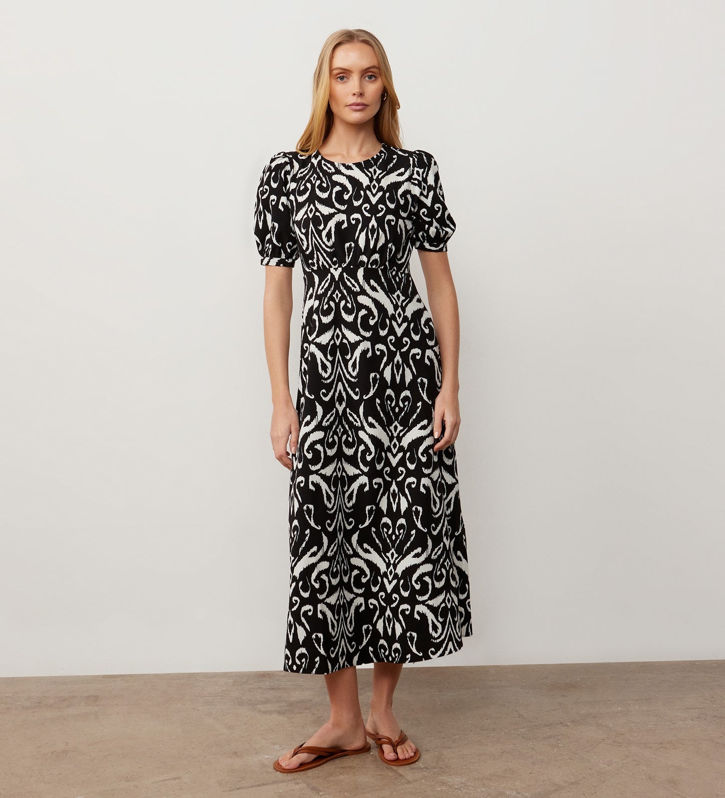 Daphne Black Tribal Crepe Midi Dress