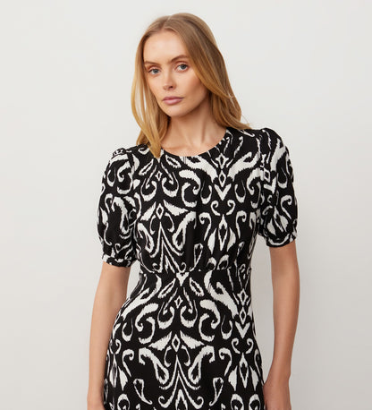 Daphne Black Tribal Crepe Midi Dress