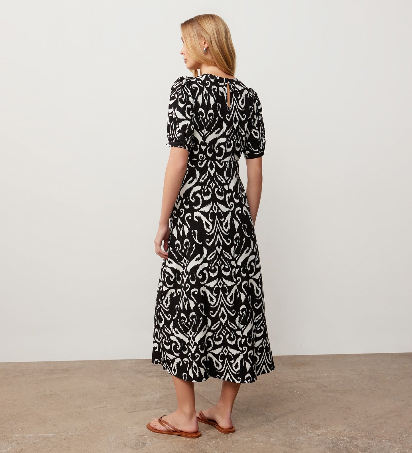 Daphne Black Tribal Crepe Midi Dress