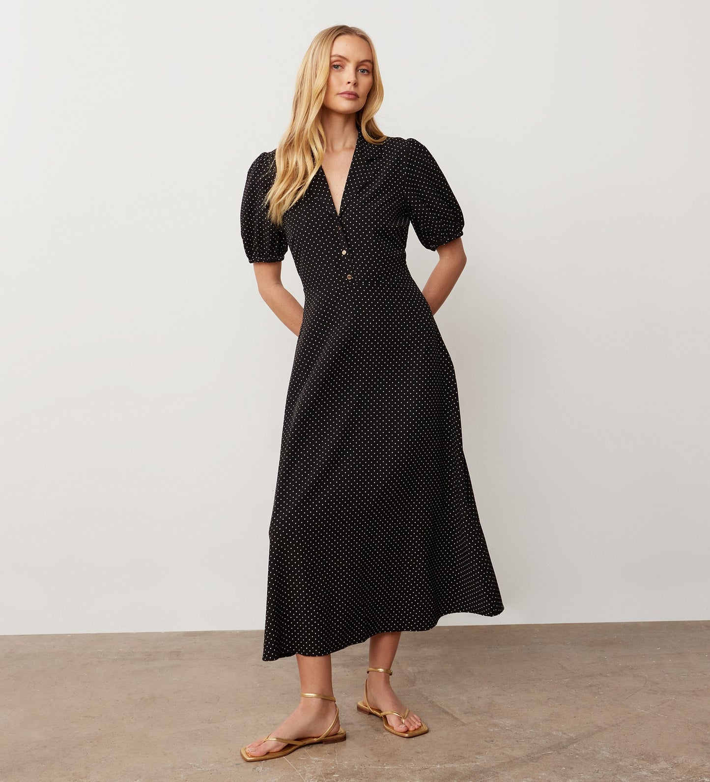 Maya Black Spot Crepe Midi Dress