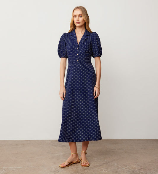 Maya Navy Spot Crepe Midi Dress