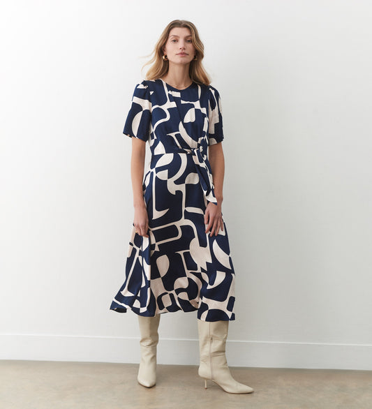 Matilda Navy Geo Satin Midi Dress