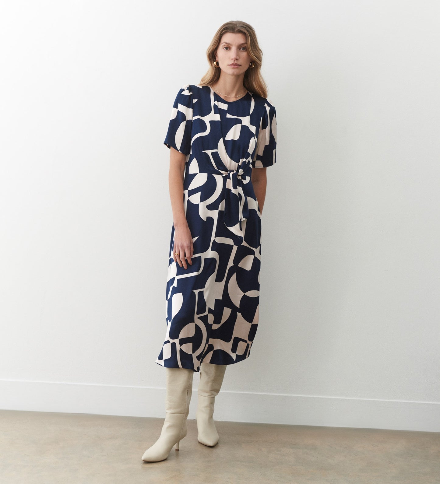 Matilda Navy Geo Satin Midi Dress