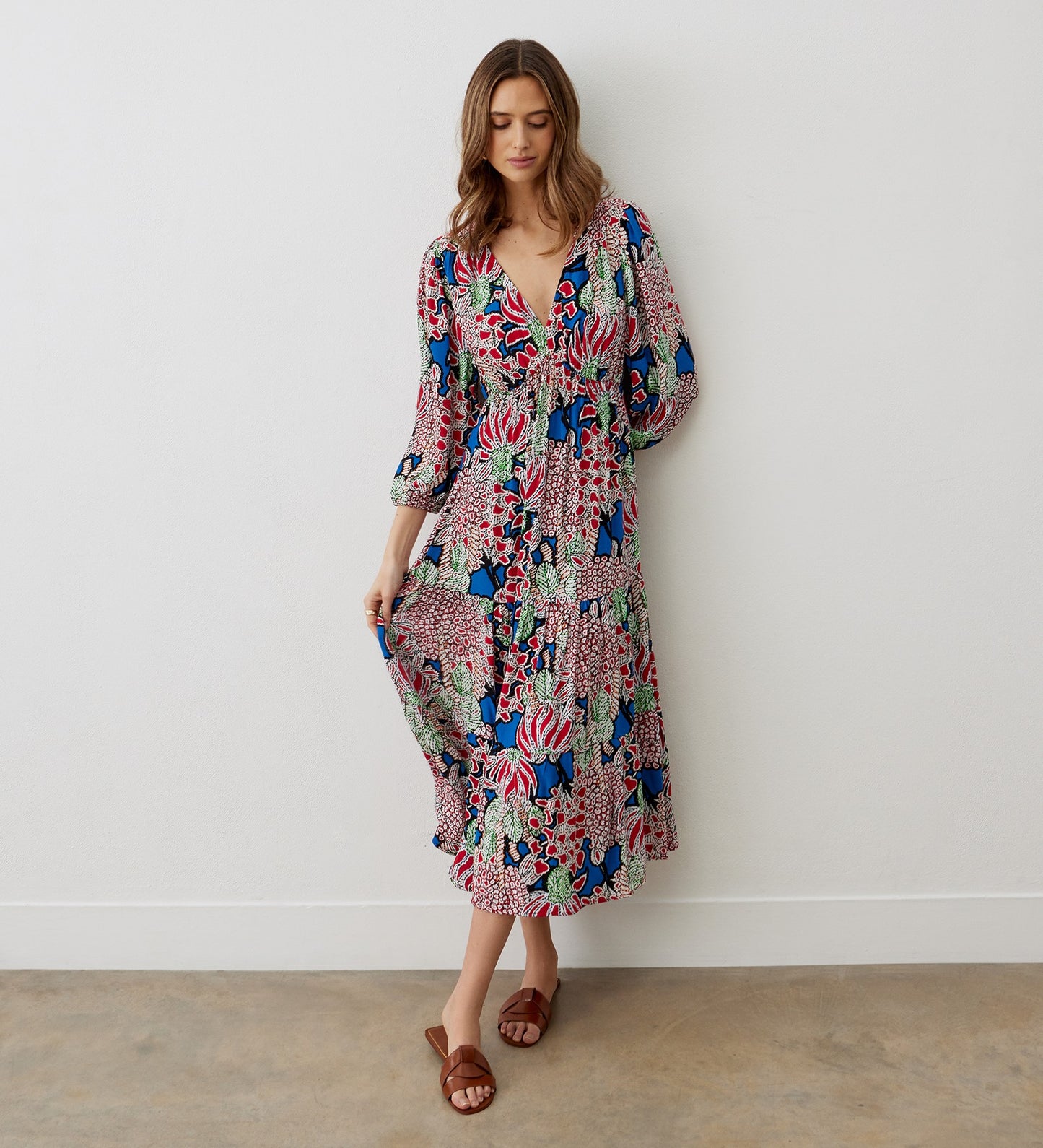 Lesley Red Bloom Crepe Midi Dress