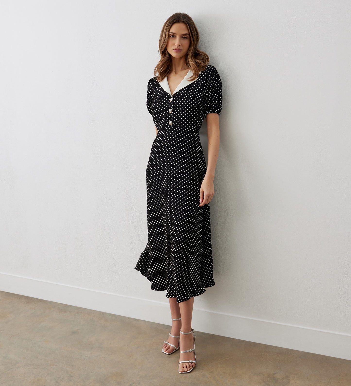 Lois Black Polka Dot Crepe Midi Dress