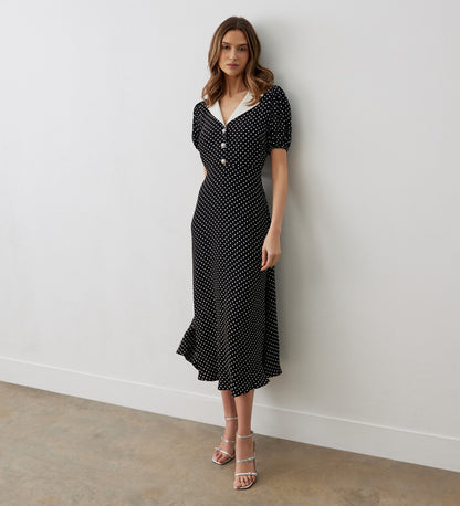 Lois Black Polka Dot Crepe Midi Dress