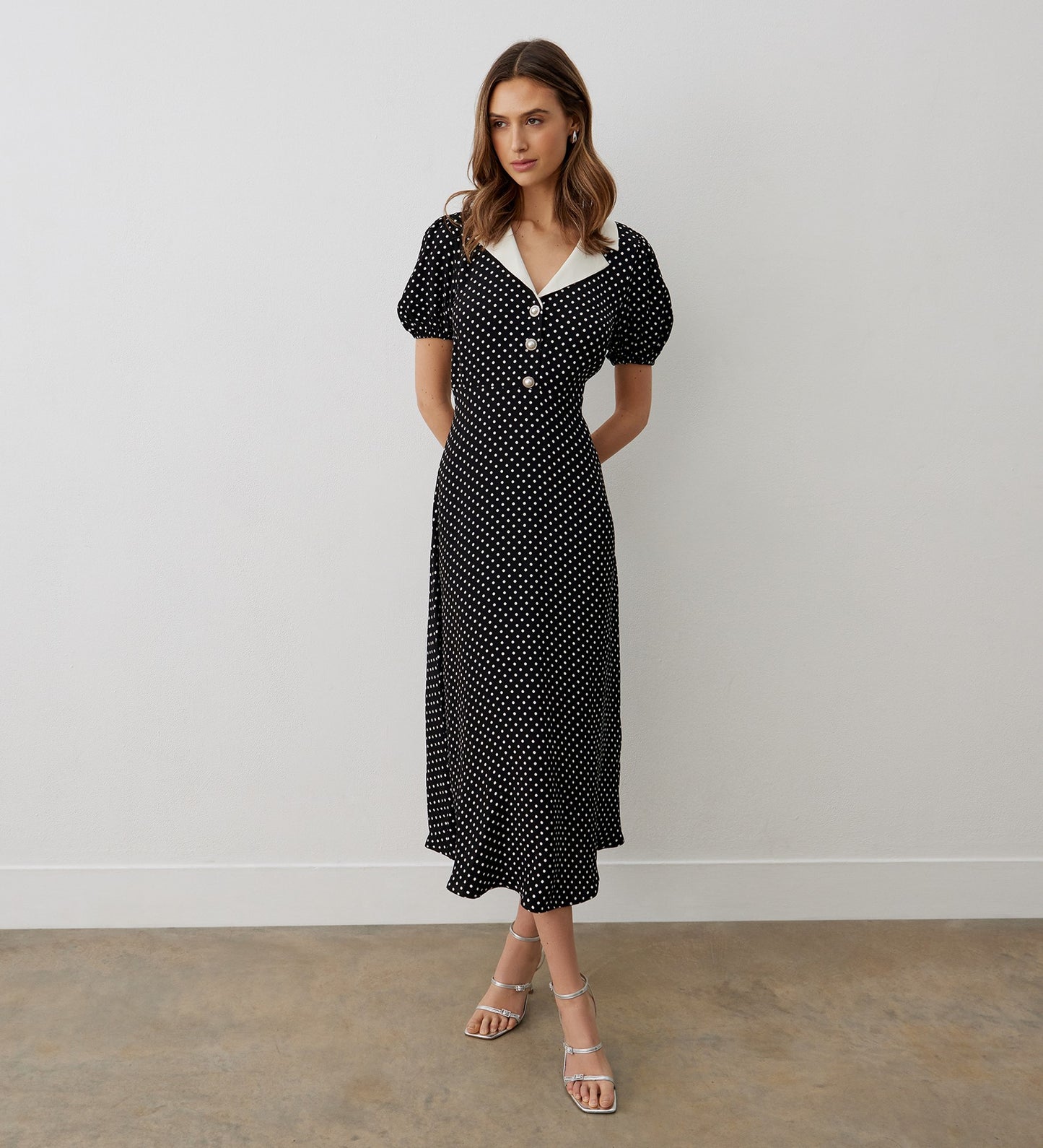 Lois Black Spot Crepe Midi Dress