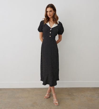 Lois Black Polka Dot Crepe Midi Dress