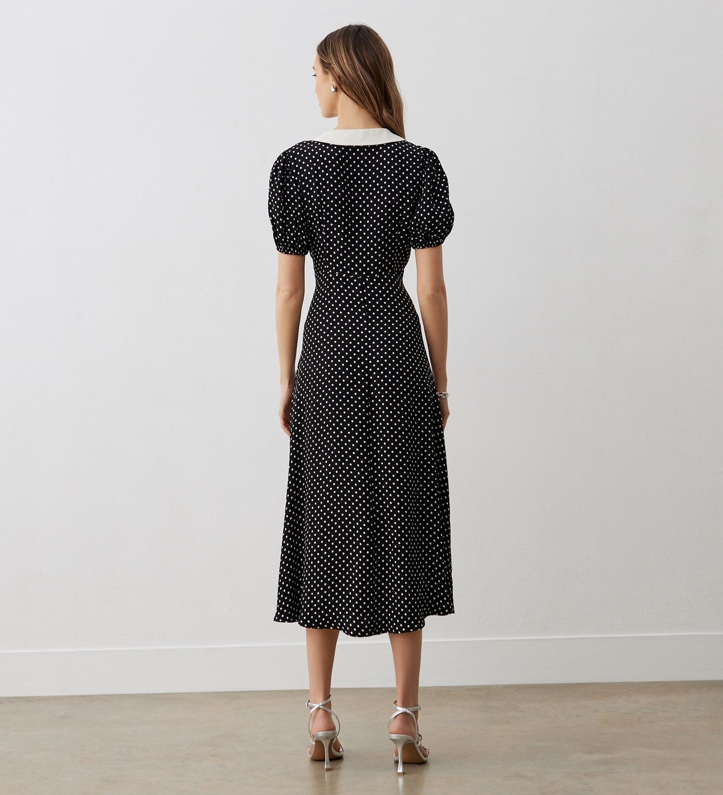 Lois Black Polka Dot Crepe Midi Dress