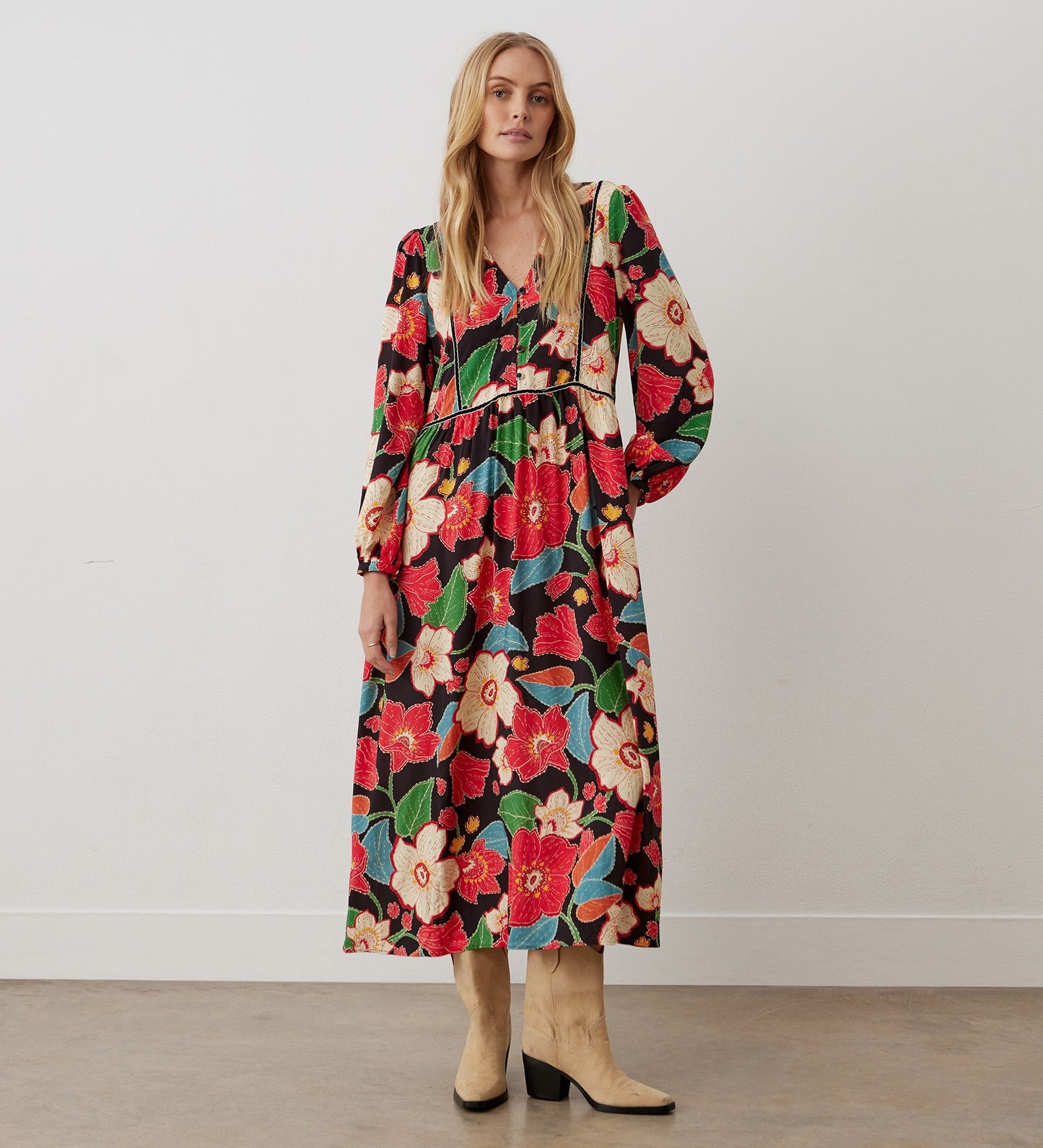 Clarissa Red Floral Midi Dress