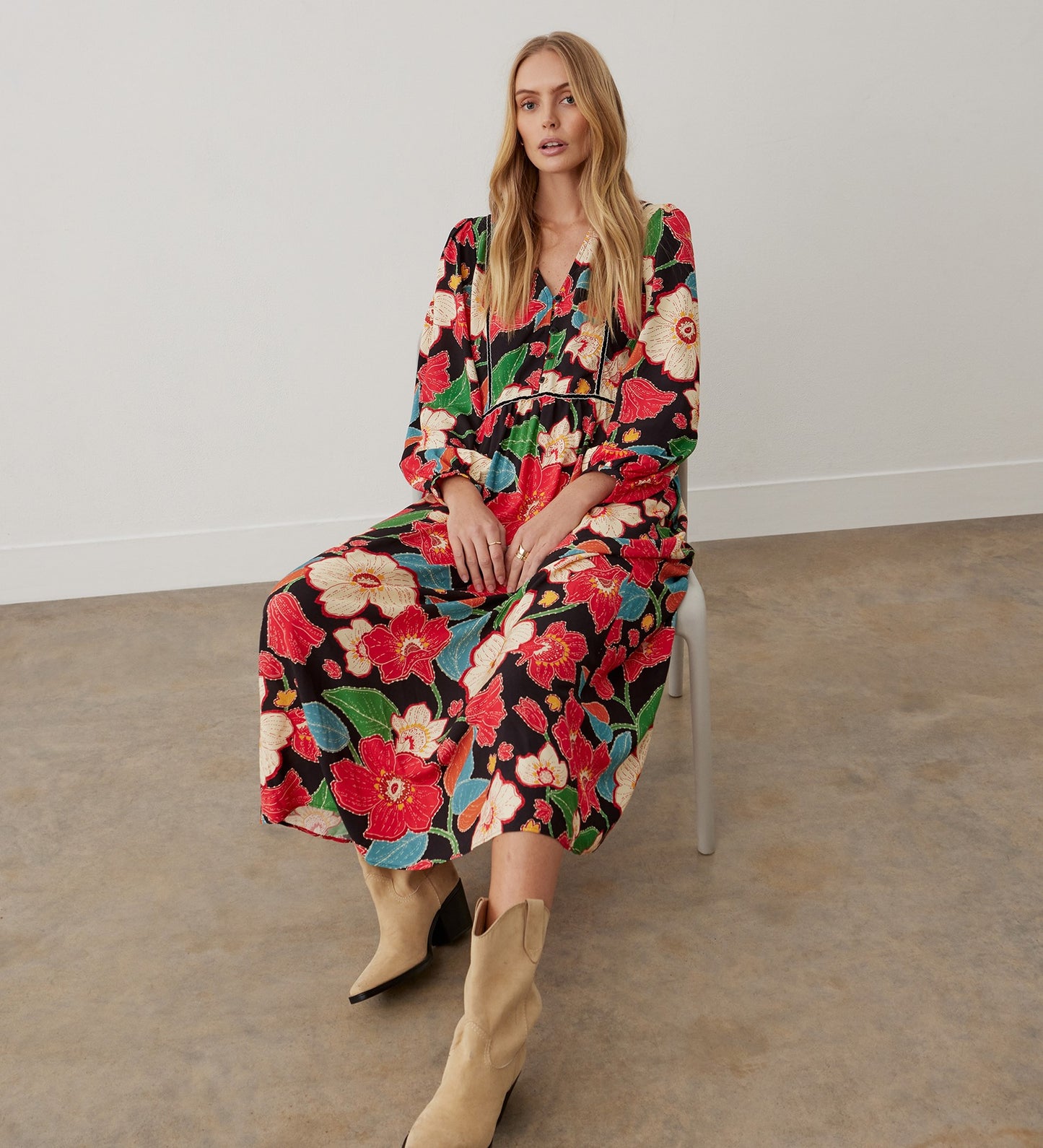 Clarissa Red Floral Midi Dress