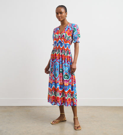 Emily Orange Paisley Linen Blend Midi Dress