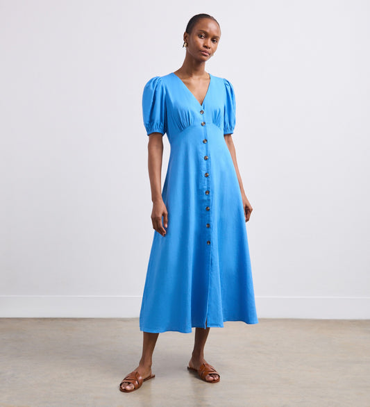 Sarah Azure Blue Linen Blend Midi Dress