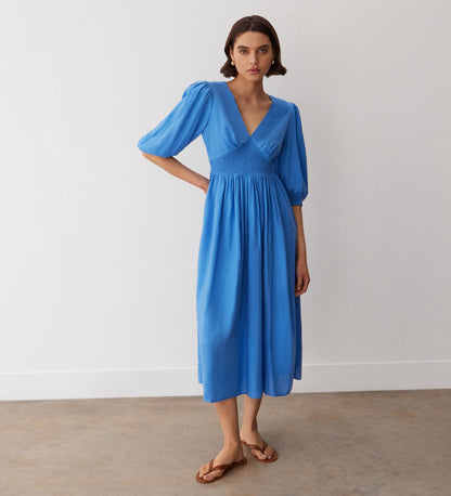 Kiara Azure Blue Linen Blend Midi Dress