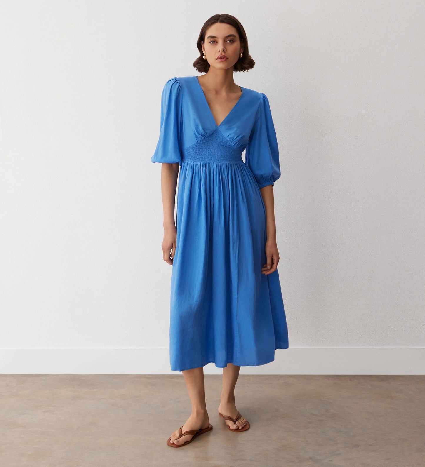 Kiara Azure Blue Linen Blend Midi Dress