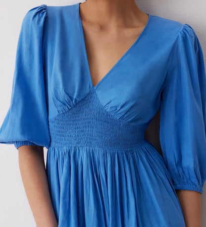 Kiara Azure Blue Linen Blend Midi Dress