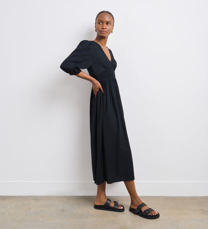 Kiara Black Linen Blend Midi Dress