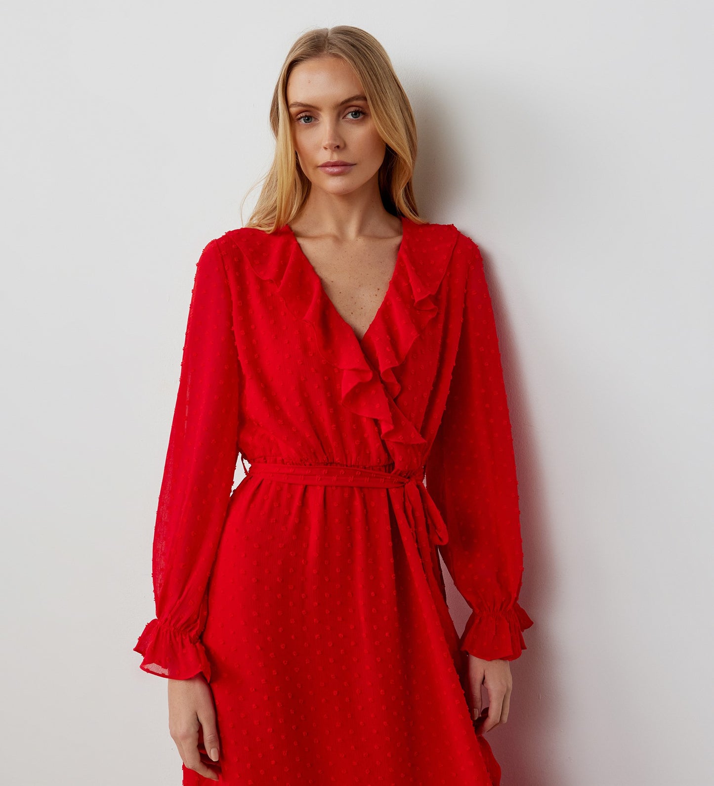 Rosalie Red Chiffon Midi Wrap Dress