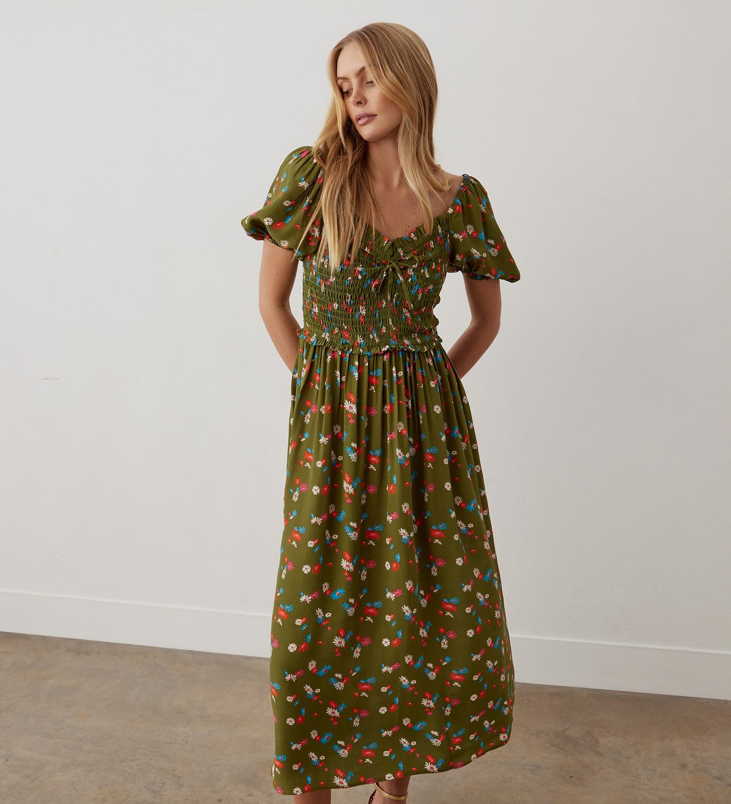 Lacey Green Daisy Crepe Midi Dress