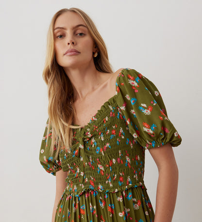 Lacey Green Daisy Crepe Midi Dress