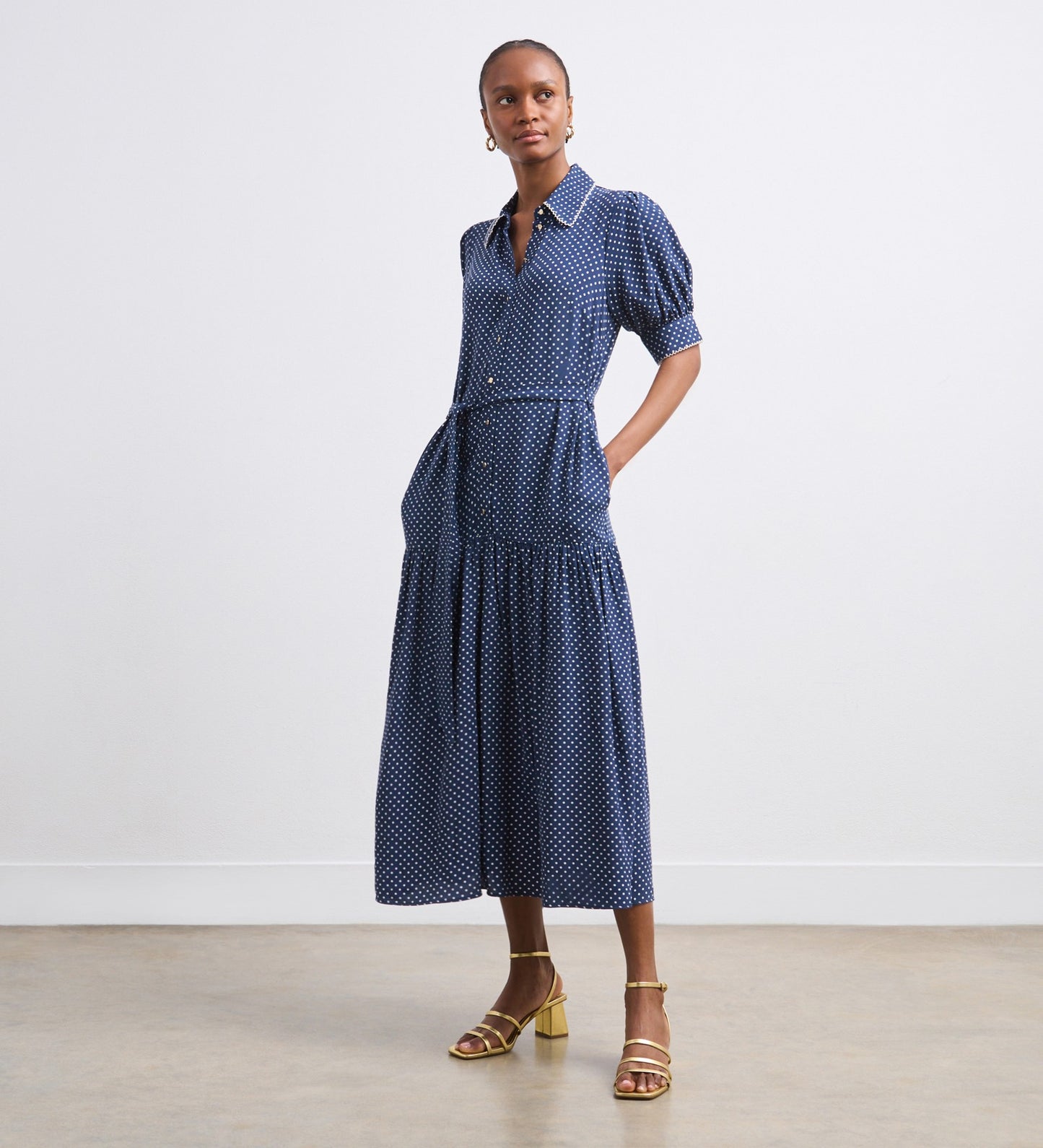 Michelle Navy Polka Dot Midi Shirt Dress