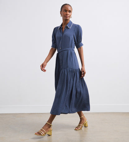 Michelle Navy Spot Midi Shirt Dress