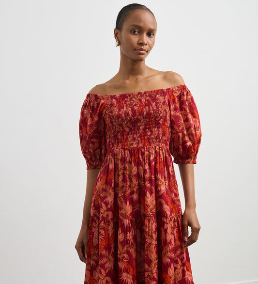 Melody Burgundy Leaves Cotton Midi Dress