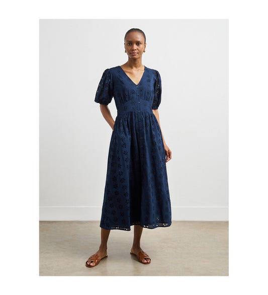 Una Navy Broderie Anglaise Midi Dress