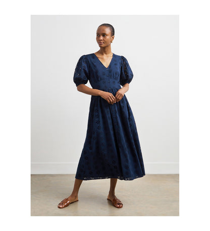 Una Navy Broderie Anglaise Midi Dress