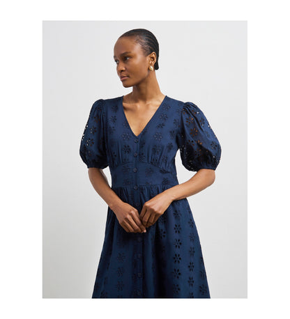 Una Navy Broderie Anglaise Midi Dress