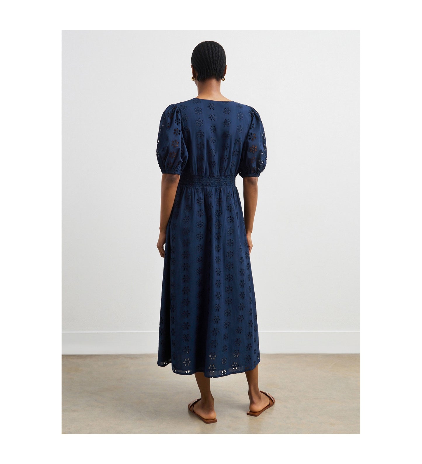 Una Navy Broderie Anglaise Midi Dress