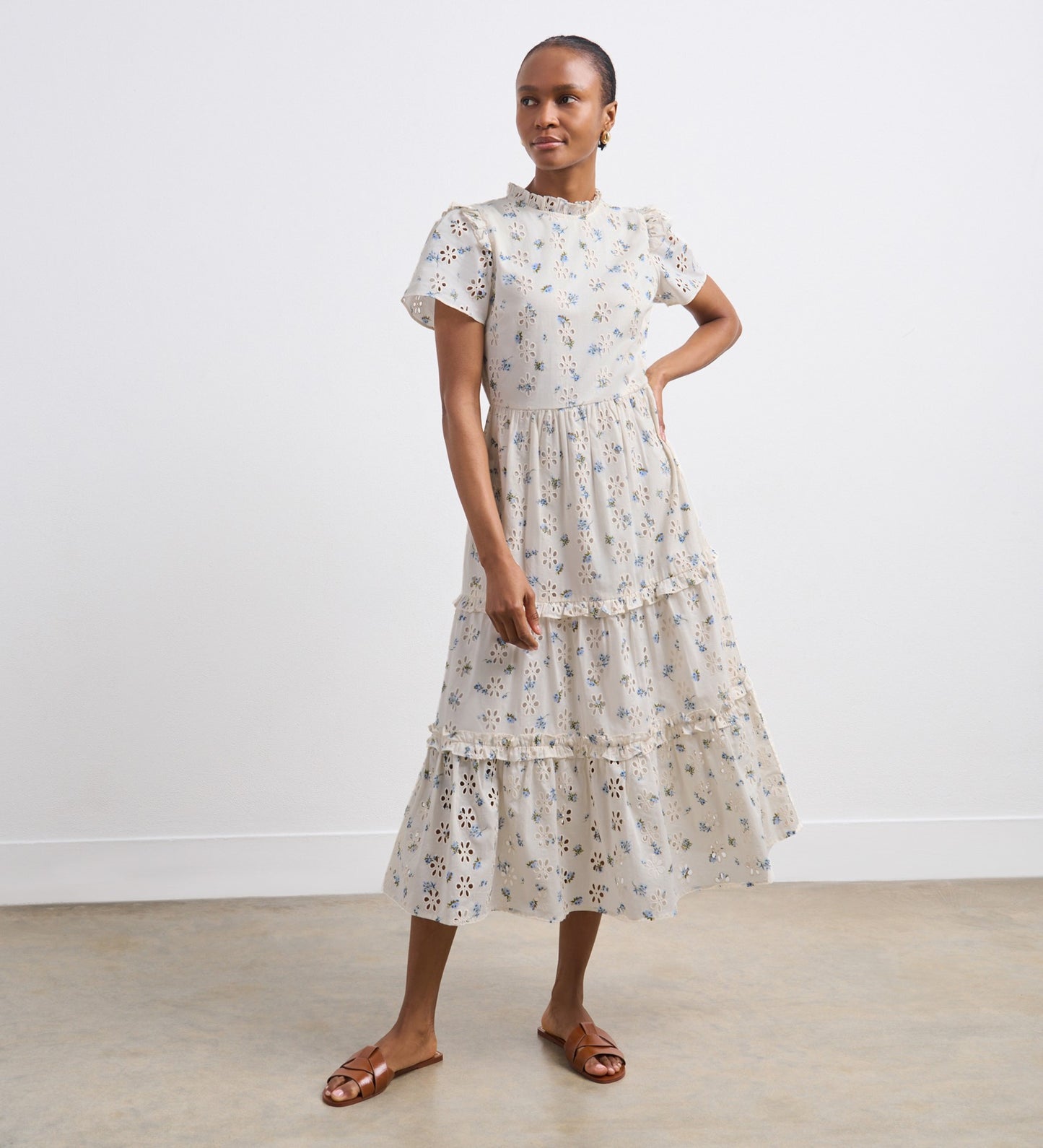 Jane White Floral Broderie Anglaise Cotton Midi Dress