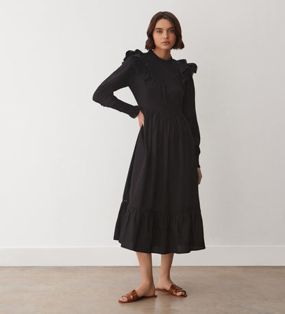 Adela Black Cotton Midi Dress