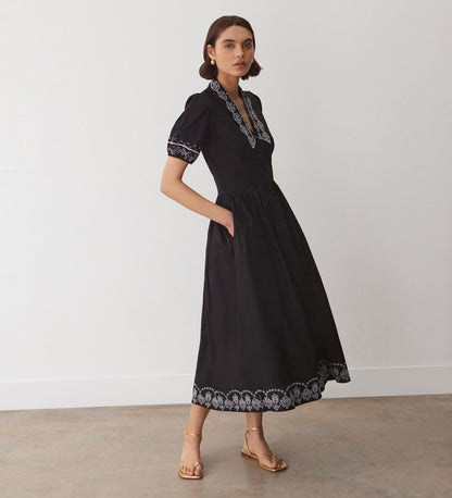 Arianna Black Cotton Embroidered Dress