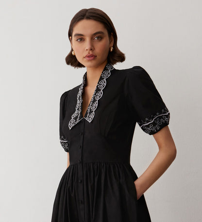 Arianna Black Cotton Embroidered Dress