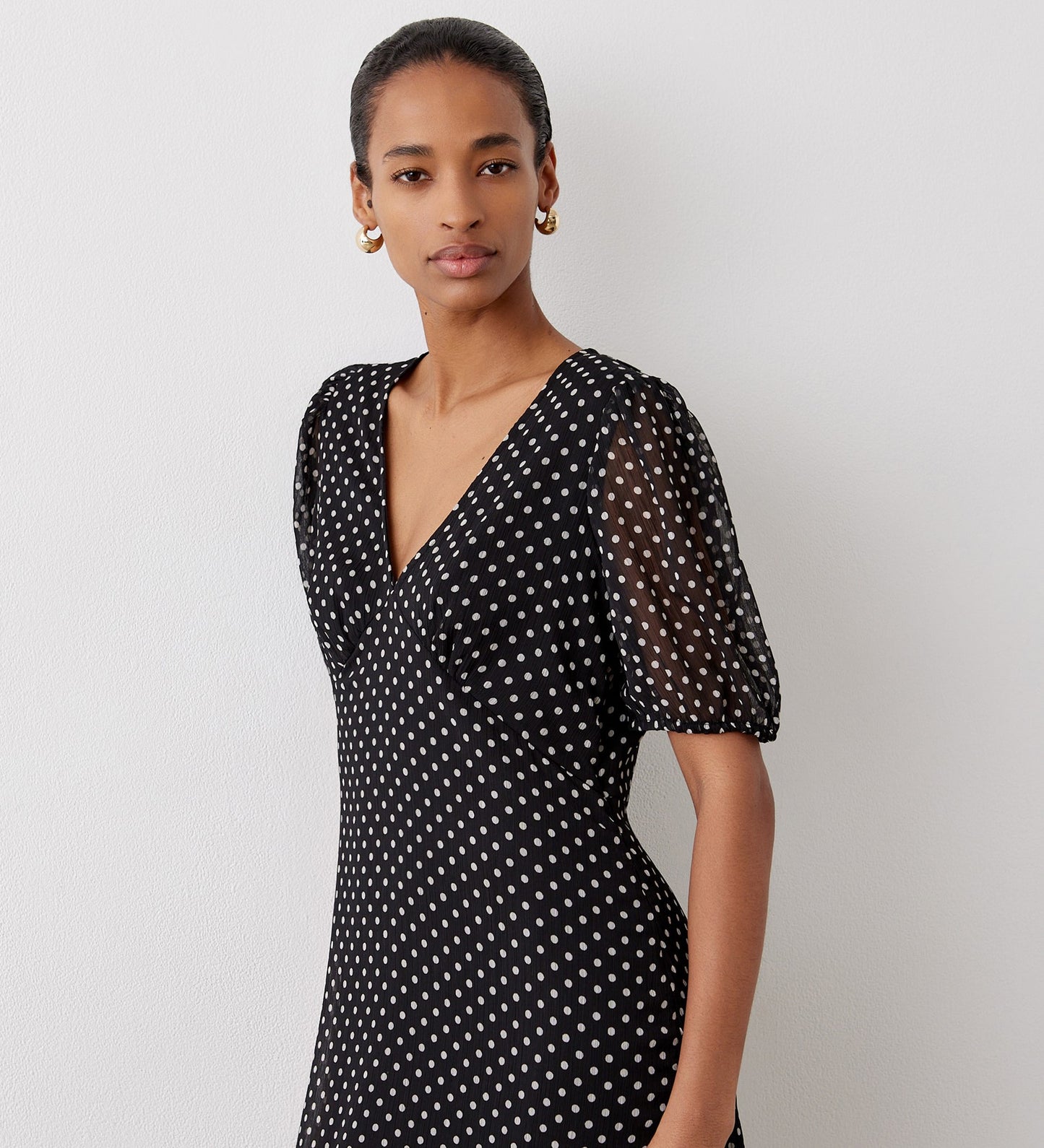 Loretta Black Polka Dot Chiffon Midi Dress