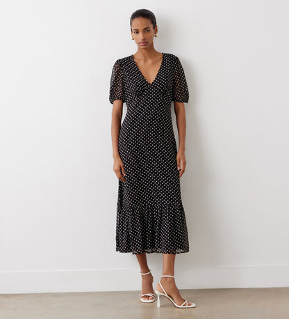 Loretta Black Spot Chiffon Midi Dress