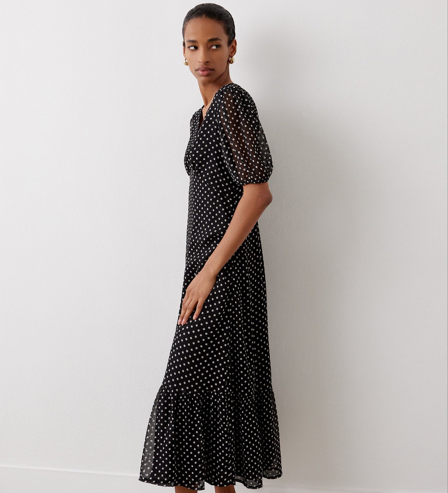 Loretta Black Polka Dot Chiffon Midi Dress